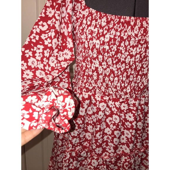 Women’s Red & White Floral Dress, LARGE, Smocked, Tiered Sheer - Picture 5 of 14